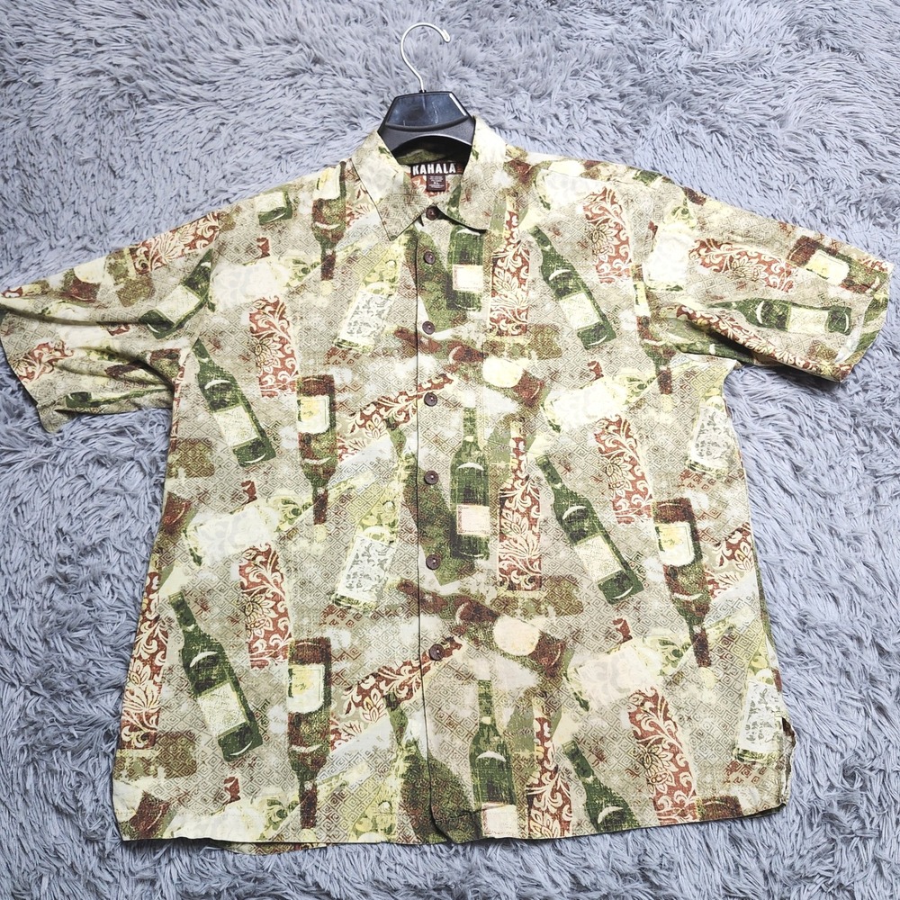 Kahala Hawaiian Shirt Mens XL Wine Bottle Print‎ Rayon Linen Blend Aloha Camp